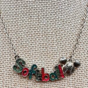 Vintage 80s Softball Word Pendant Necklace Silver Tone Cable Chain Retro Jewelry